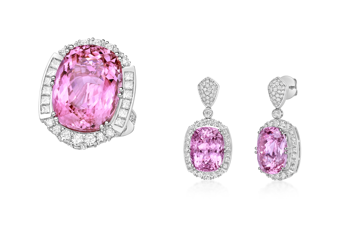  Sunita Nahata Blush collection designs, including a ring with a 23.13 carat cushion-cut pink tourmaline and princess- and round-cut diamonds, and a pair of earrings with 35.67 carats of cushion-cut pink tourmalines, princess- and round-cut diamonds, both in 18k white gold 
