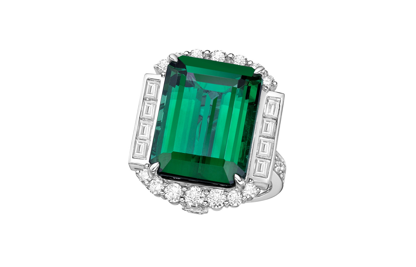 Sunita Nahata Ivy collection ring with an octagonal 15.67 carat green tourmaline and baguette and round-cut diamonds in 18k white gold 