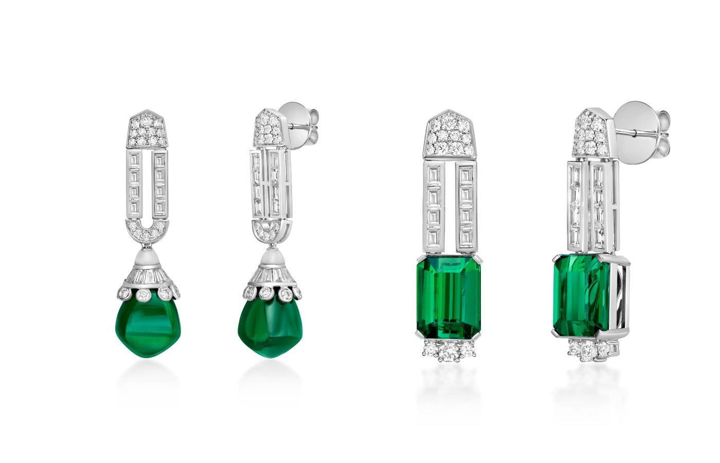  Green tourmaline earrings from the Sunita Nahata Ivy collection, including (left) a pair with 27.83 carats of tourmaline drops, tapered baguette-cuts, round and fancy-shaped diamonds, and a second pair with 13.13 carats of octagonal green tourmalines with baguette and round diamonds, both in 18k white gold 