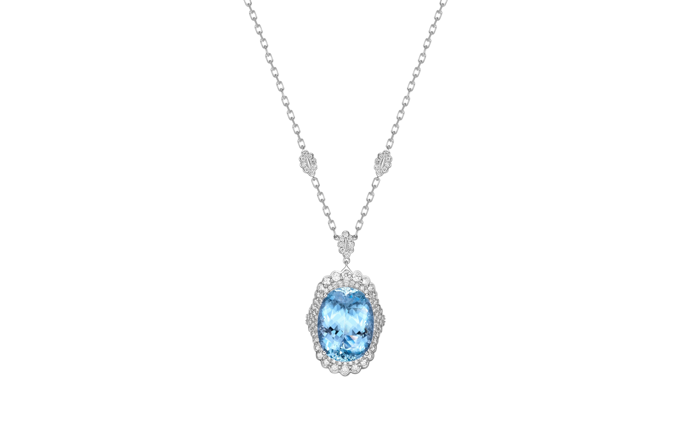  Sunita Nahata Blue Planet collection necklace with a 22.32 carat oval-shaped aquamarine and round brilliant-cut diamonds, set in 18k white gold  