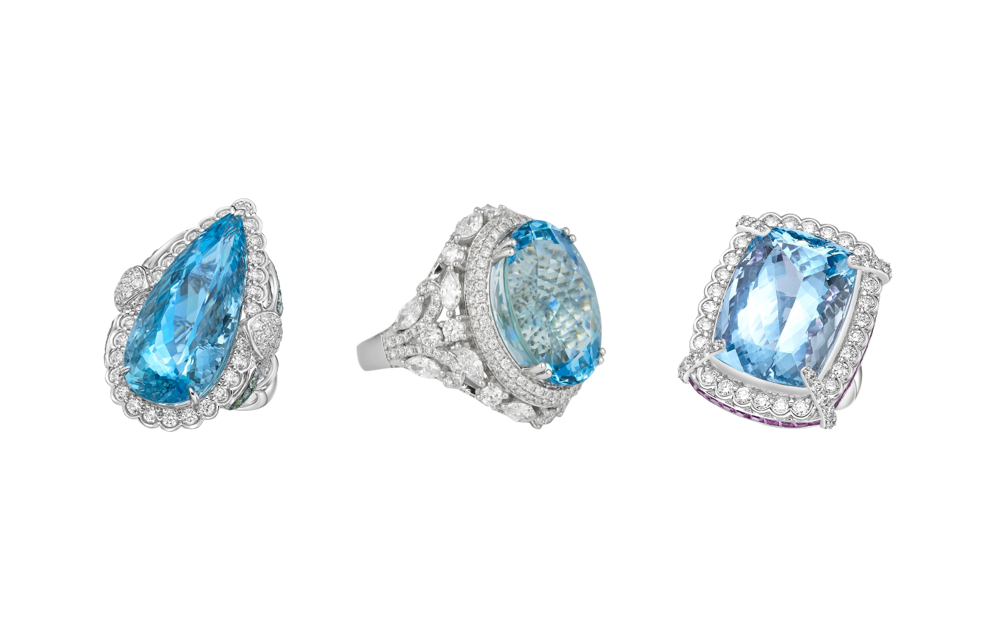  A trio of rings from the Sunita Nahata Blue Planet collection, including ( From L-R) a 17.24 carat pear-shaped aquamarine ring, an 18.73 carat oval-shaped aquamarine ring, and a 26.88 carat cushion-cut aquamarine ring, all with diamonds in 18k white gold 