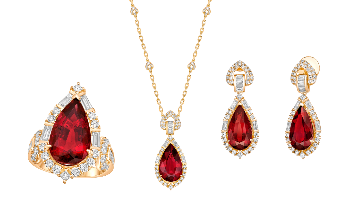  Sunita Nahata Celestial Dragon creations, including a pair of earrings with pear-shaped rubellites totalling more than 16 carats, a ring with a 6.79 carat rubellite, and a matching necklace with an 11.72 carat rubellite, all set with round-, princess- and baguette-cut diamonds in 18k yellow gold 