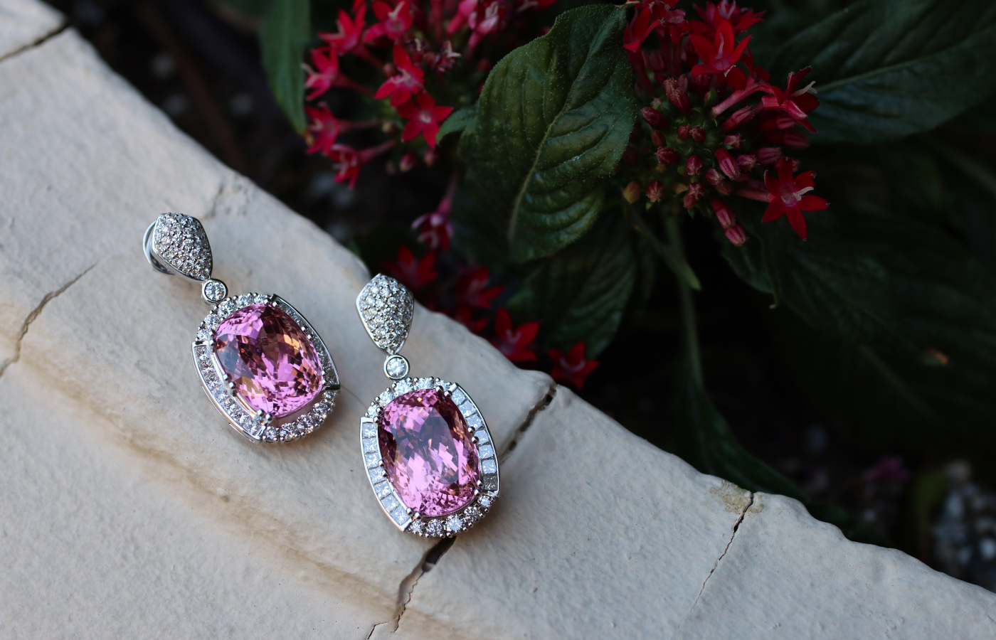 Sunita Nahata Blush collection earrings with 35.67 carats of cushion-cut pink tourmalines, and princess-cut and round brilliant-cut diamonds in 18k white gold 