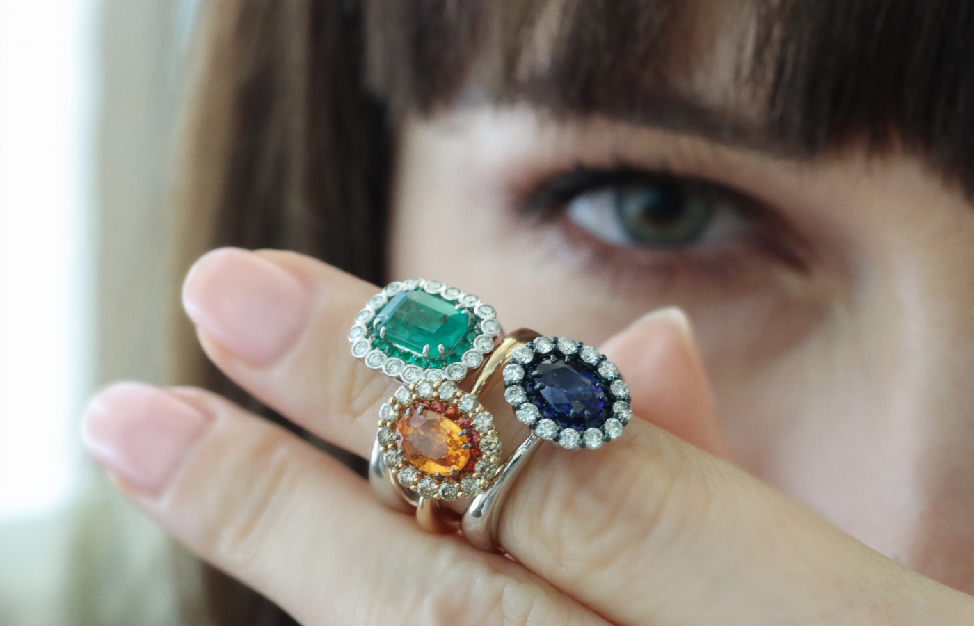  Katerina Perez wears a trio of rings from the Essentials collection by Daverio1933 during a visit to its boutique in Bergamo, Italy