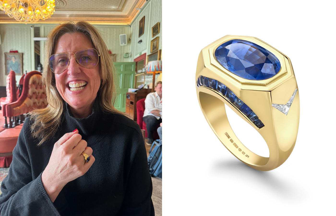  Hattie Rickards’ bespoke client Jane wears the blue sapphire ring she commissioned