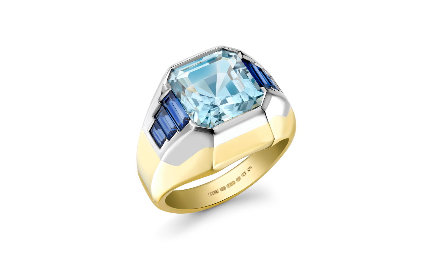  Hattie Rickards’ bespoke engagement ring for Portia, crafted with a custom-cut octagonal aquamarine and blue sapphire baguettes, set in yellow and white gold
