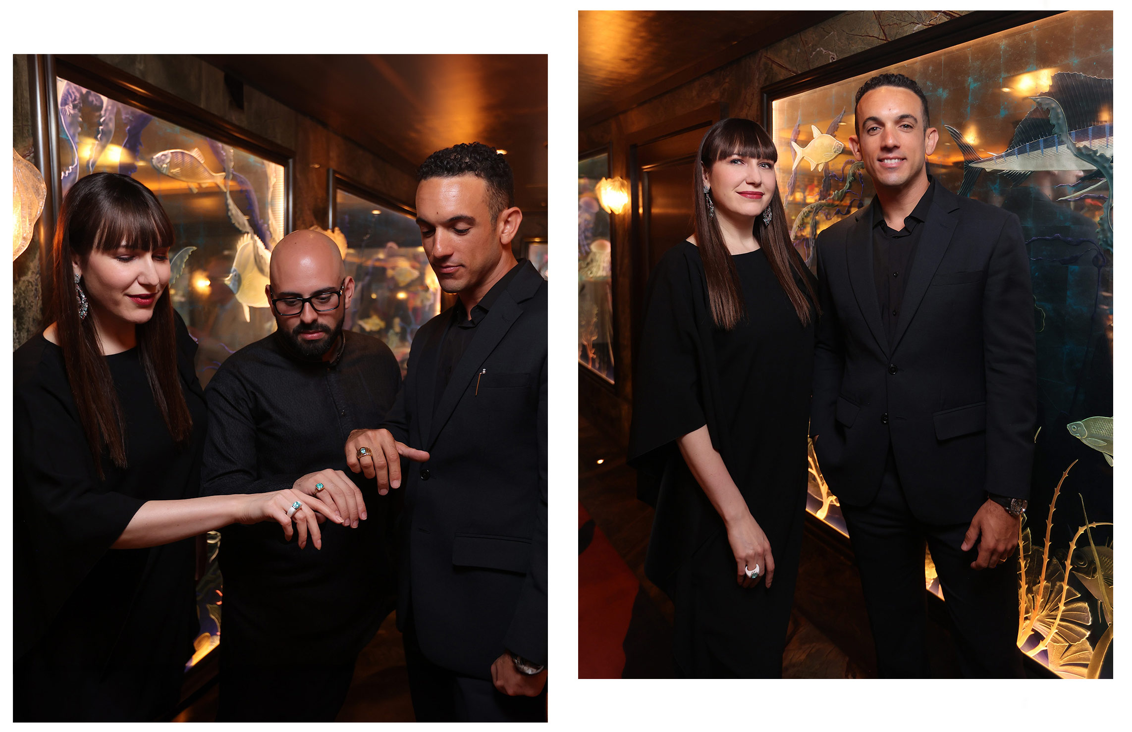  Katerina Perez, Carlos Torres and Kevin Ferreira wearing Paraiba tourmaline rings in London to celebrate the launch of 'Paraiba: The Legacy of a Color'