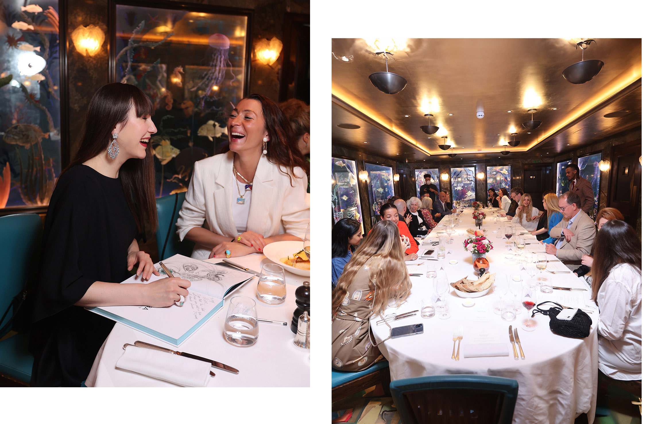  Katerina Perez and Nina Dzhokhadze of NeverNoT (left) and a view of the gathering at Scott's in London