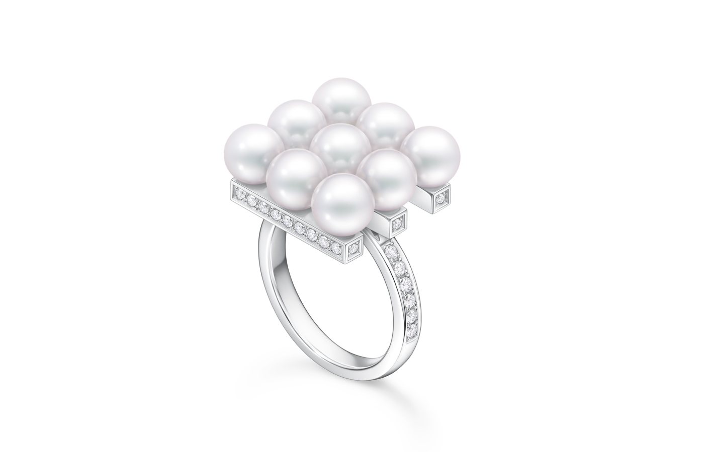 Tasaki ring with Akoya pearls and diamonds in 18k white gold, from the Balance Build collection