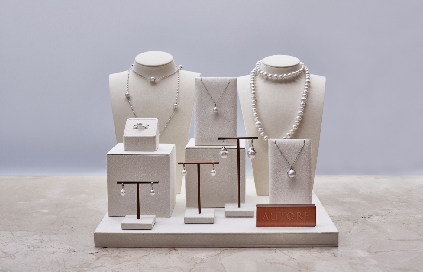  Display of Autore necklaces, earrings and rings with South Sea pearls