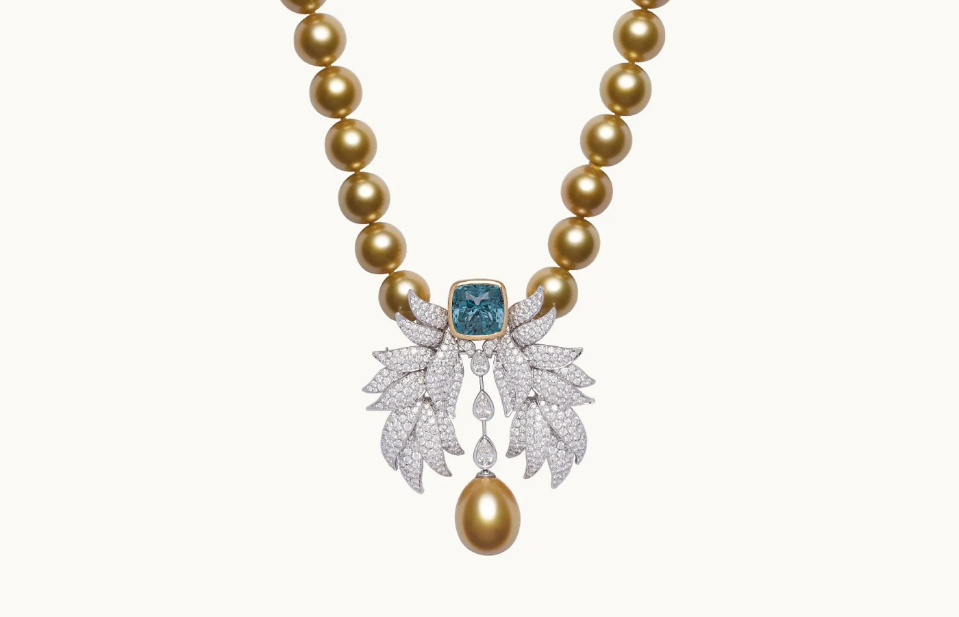  Jewelmer necklace-brooch with gold cultured South Sea pearls, 18.5-carat diamonds and blue zircon in 18k yellow gold from the La Mer en Majesté collection 