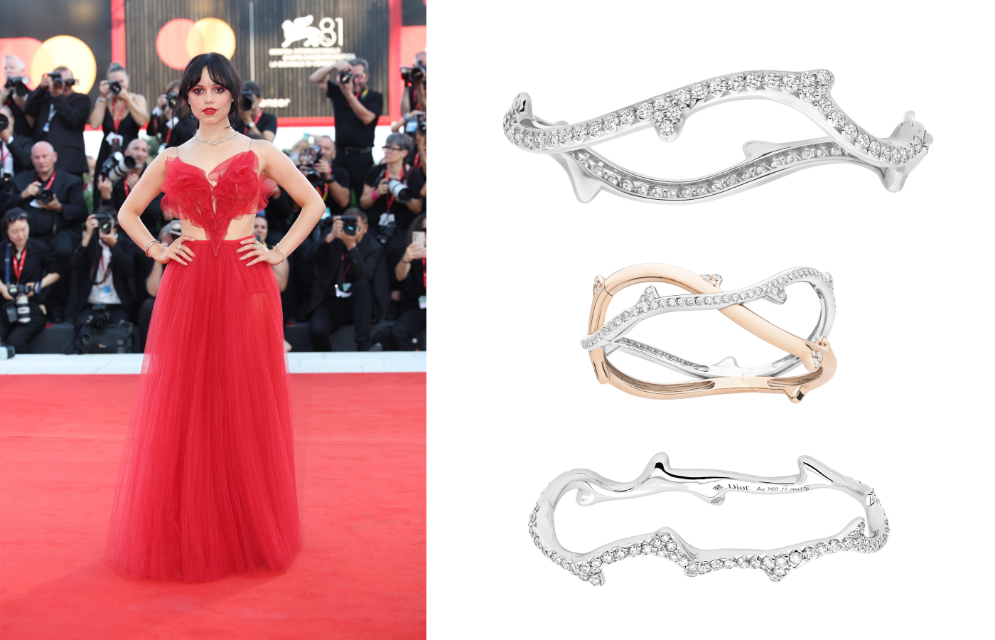 Jenna Ortega at the Venice Film Festival 2024 wearing the Dior Joaillerie Bois de Rose necklace, bracelet and rings in white gold, pink gold and diamonds