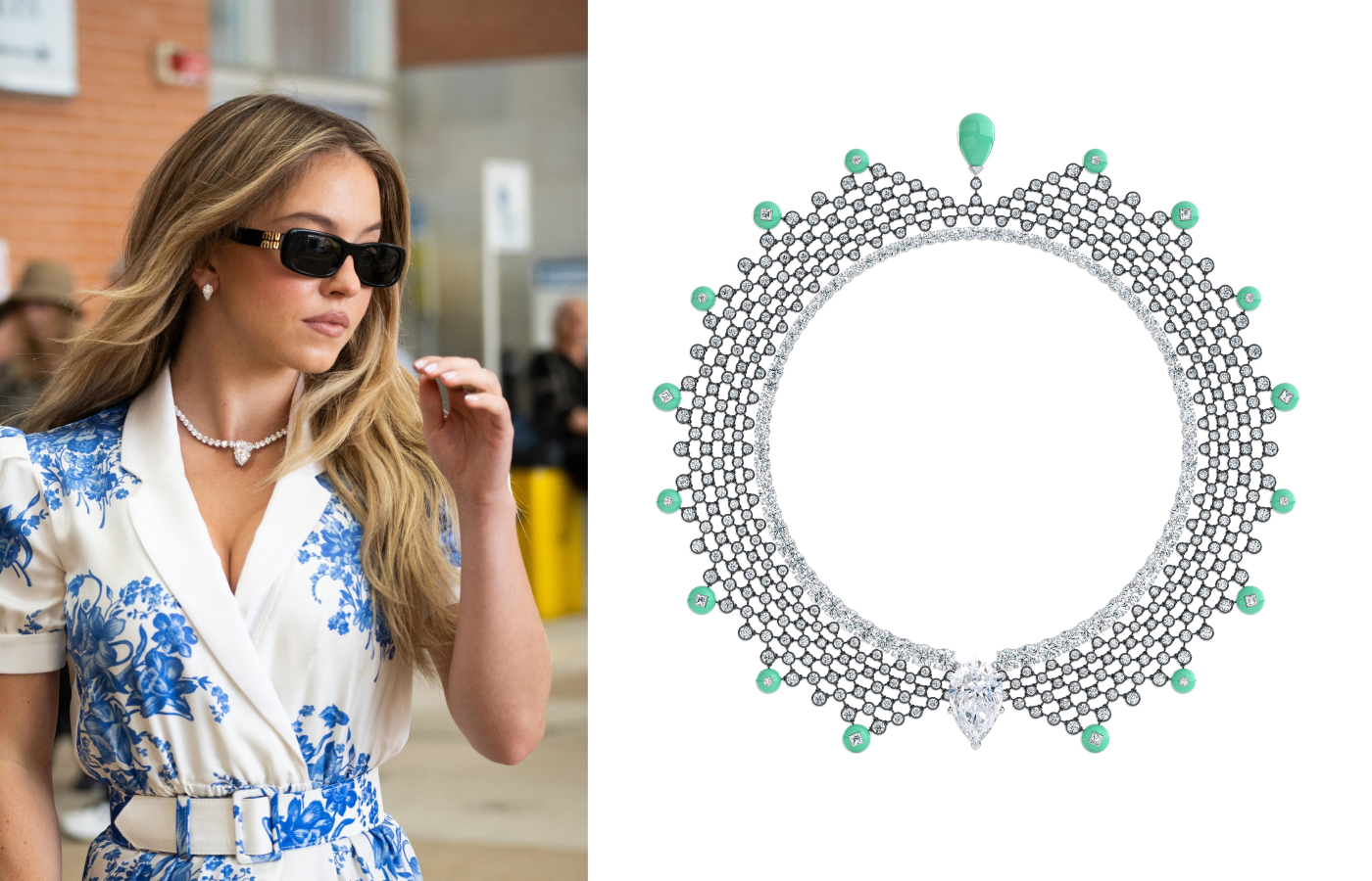  Sydney Sweeney at the Venice Film Festival 2024 wearing the transformable De Beers Midnight Aura diamond necklace set in 18k white gold   