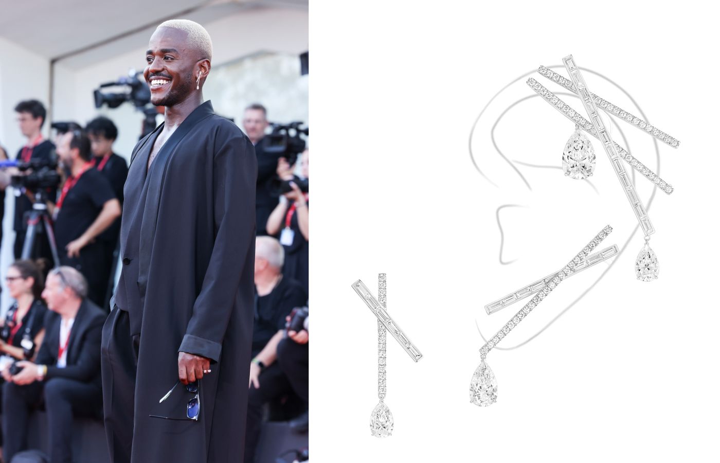 Ncuti Gatwa at the Venice Film Festival 2024 wearing a diamond earring by Messika with a pear-shaped diamond drop 