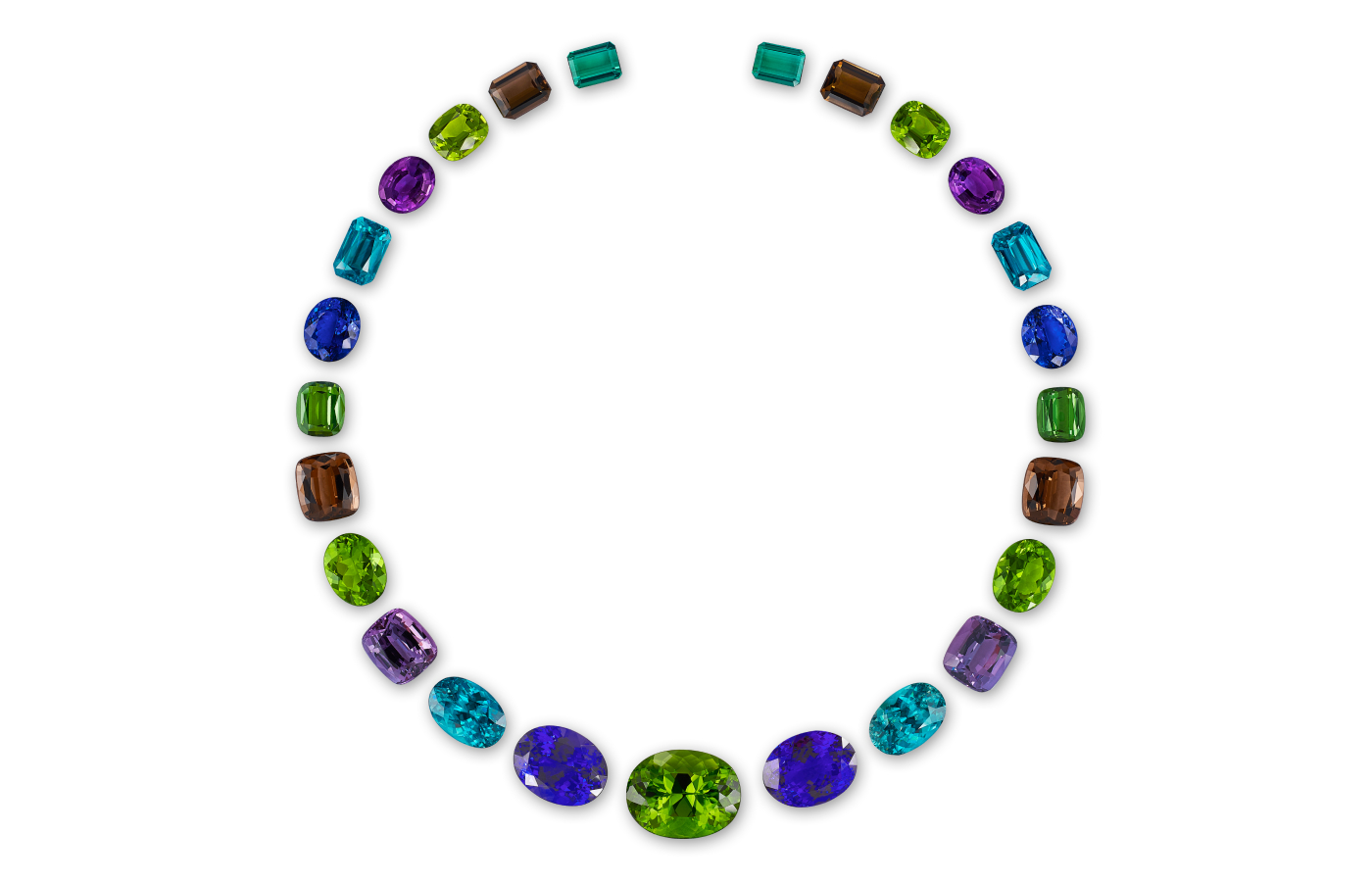 Constantin Wild ‘Peacock’ gemstone suite with tourmalines, smoky quartzes, peridots, amethysts, blue zircons and tanzanites weighing more than 190 carats 