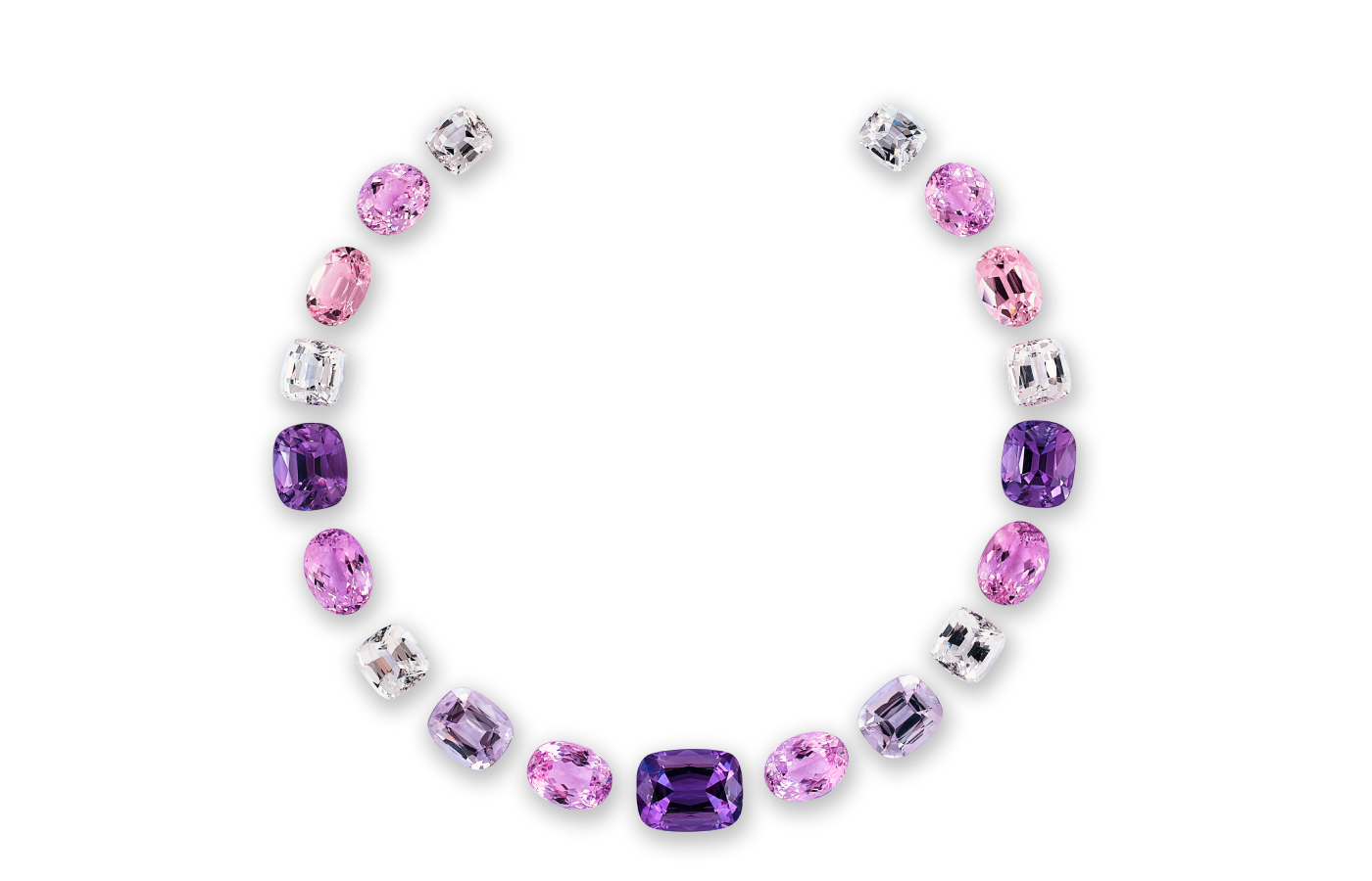  Constantin Wild ‘Pink and Purple’ gemstone layout, including danburite, kunzite, morganite, and an 18-carat cushion-cut amethyst from Brazil 