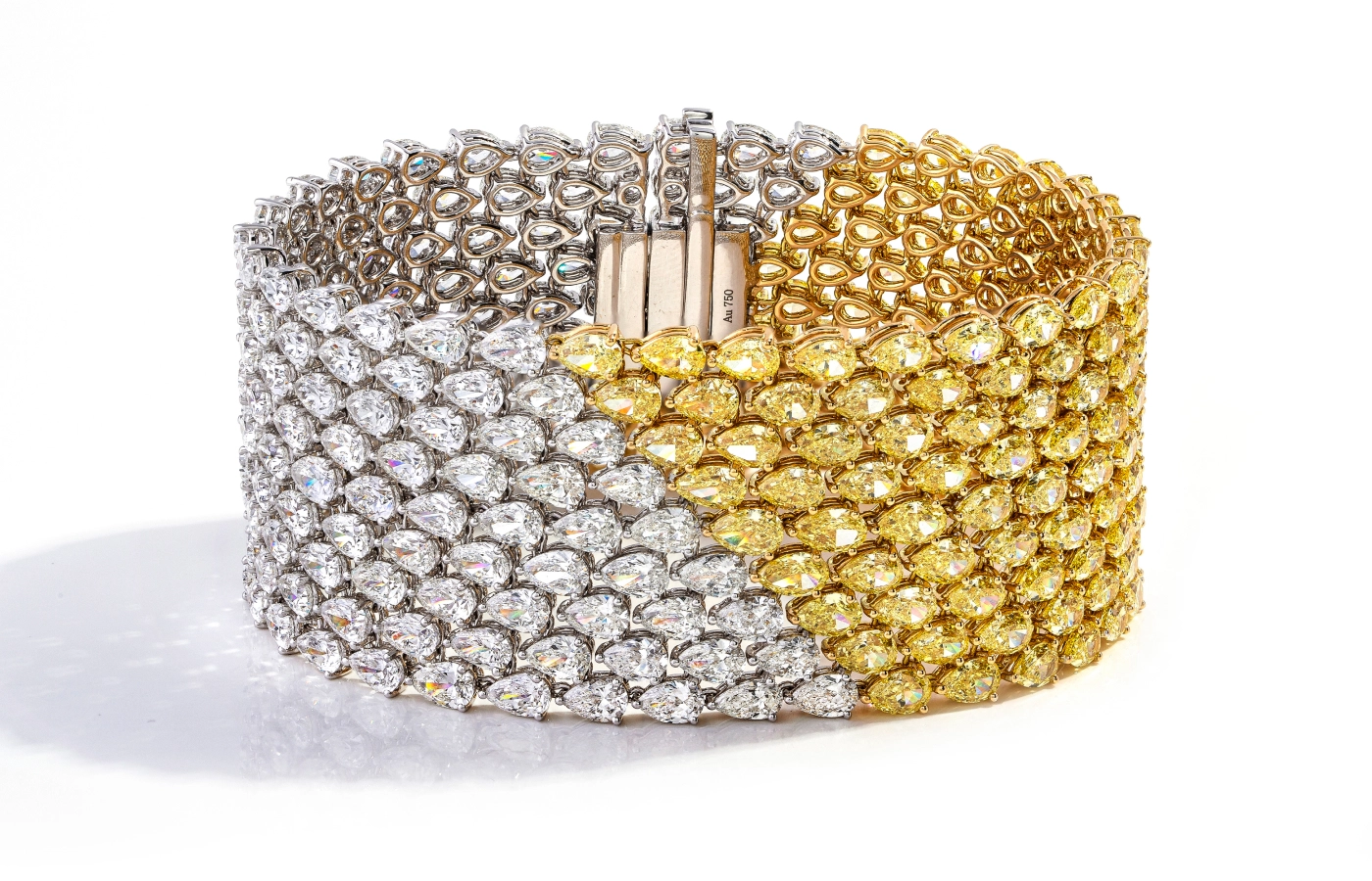  Smart Arts bracelet with 45 carats of natural fancy vivid yellow diamonds and 41 carats of DEF-colour and VVS clarity white diamonds, set in 18k white gold 