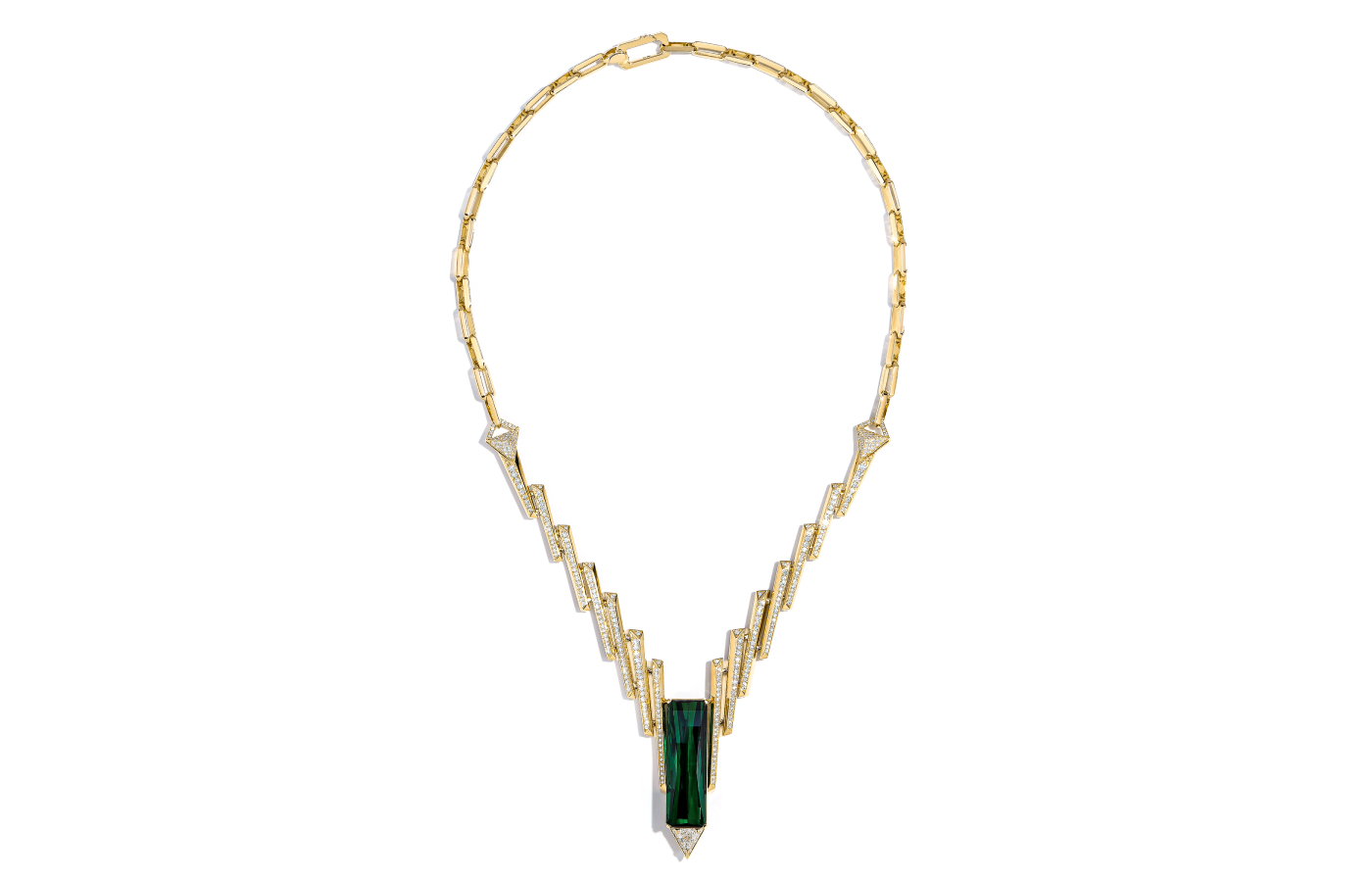  Smart Arts necklace with a 36.69 carat green tourmaline and 3.84 carats of diamonds in 18k yellow gold 