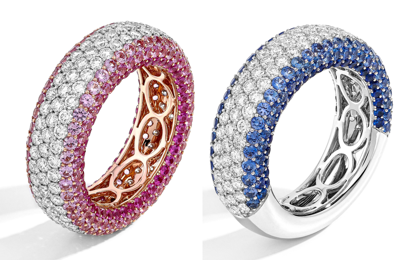  A duo of Smart Arts rings set with pink sapphires and diamonds in 18k rose gold and blue sapphires and diamonds in 18k white gold 