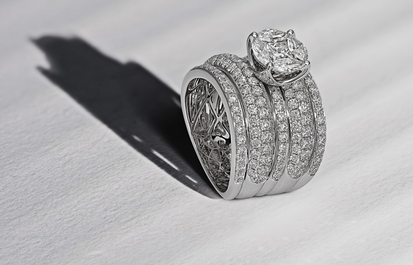  Hassanzadeh Jewellery Heirloom ring from the Tales of Diamonds High Jewellery collection with more than four carats of round brilliant-, marquise- and princess-cut diamonds set in 18k white gold 