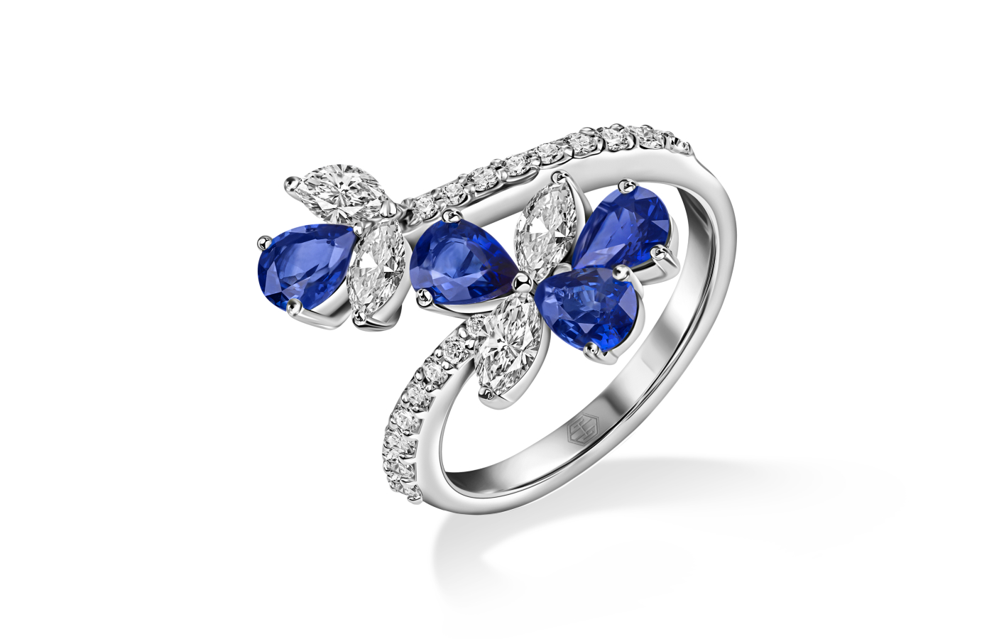Hassanzadeh Jewellery Sapphire Flower ring with marquise and round brilliant-cut diamonds and four pear-shaped sapphires totalling 1.56 carats 