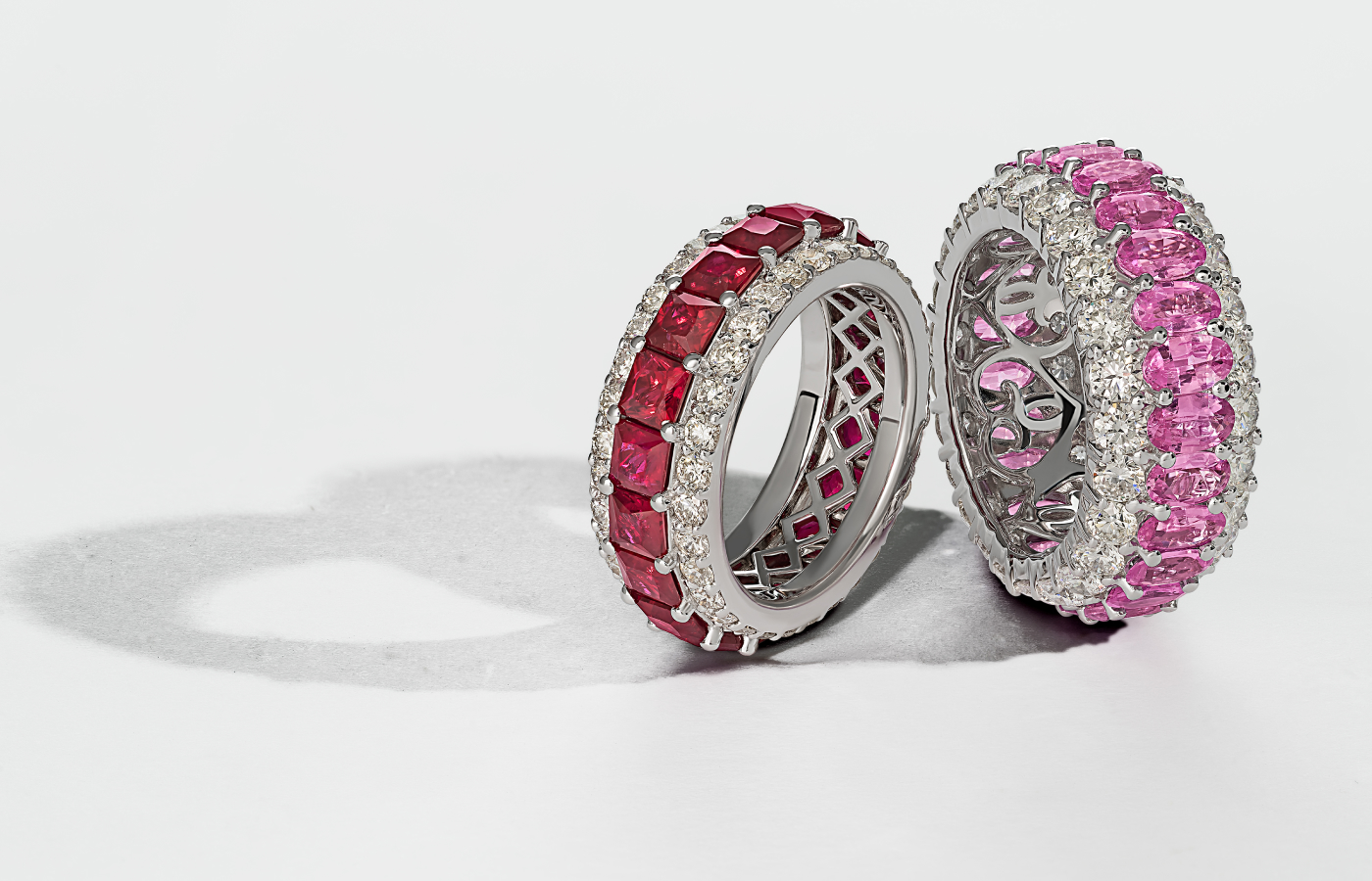  Hassanzadeh Jewellery rings including the Rose Lagoon ring (right) with 5.82 carats of oval-shaped pink sapphires and 3.62 carats of round brilliant-cut diamonds 