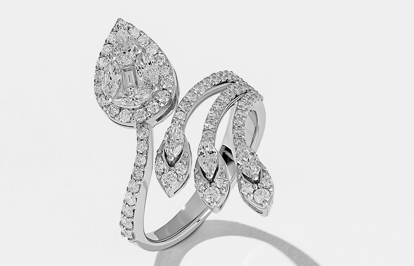  Hassanzadeh Jewellery Diamond Branch ring with illusion-set marquise, baguette, pear and round-cut diamonds at just under one carat in total weight