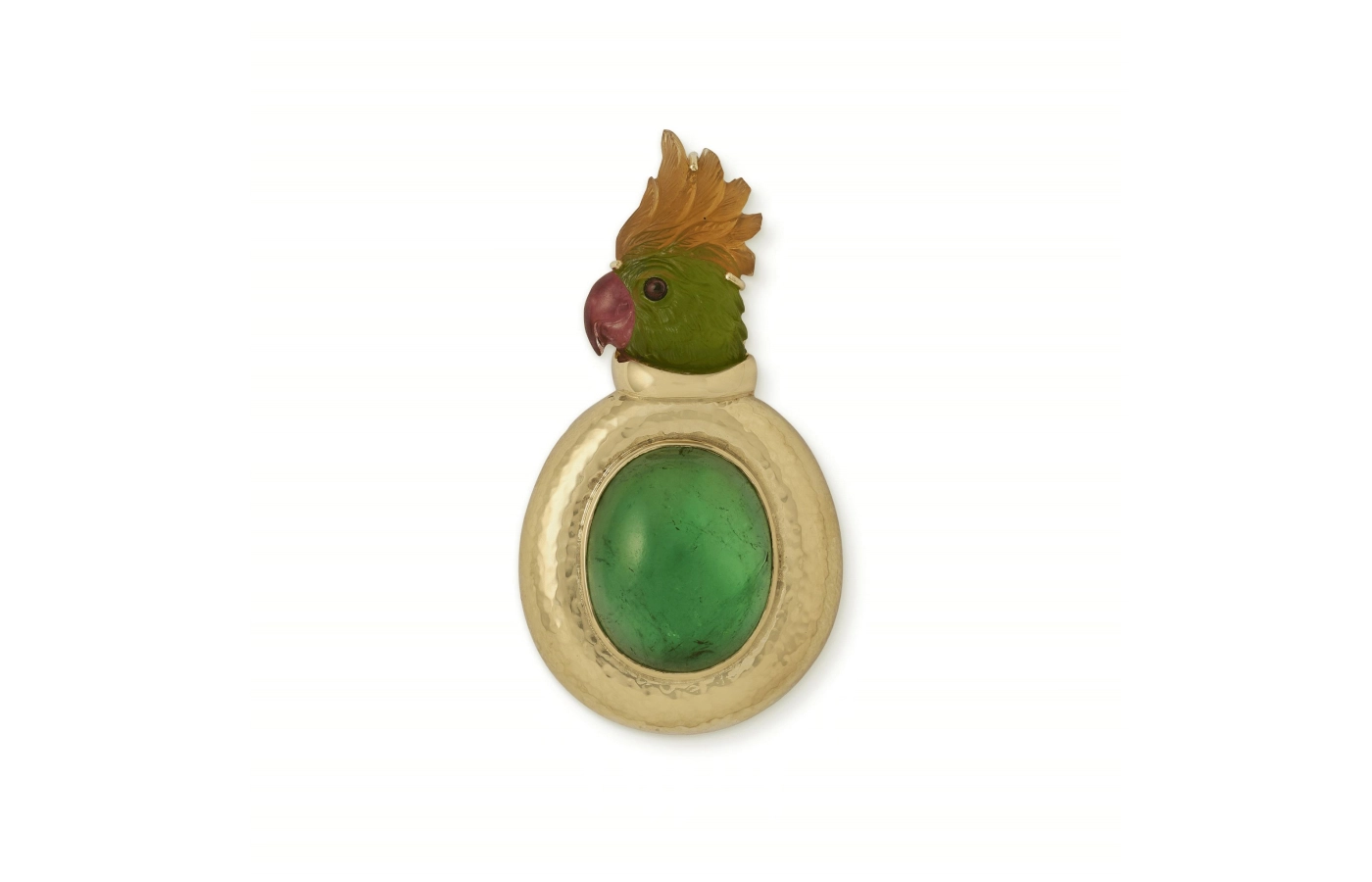  A green tourmaline Parrot pin by Elizabeth Gage with a carved parrot head and a tourmaline cabochon in 18k yellow gold 
