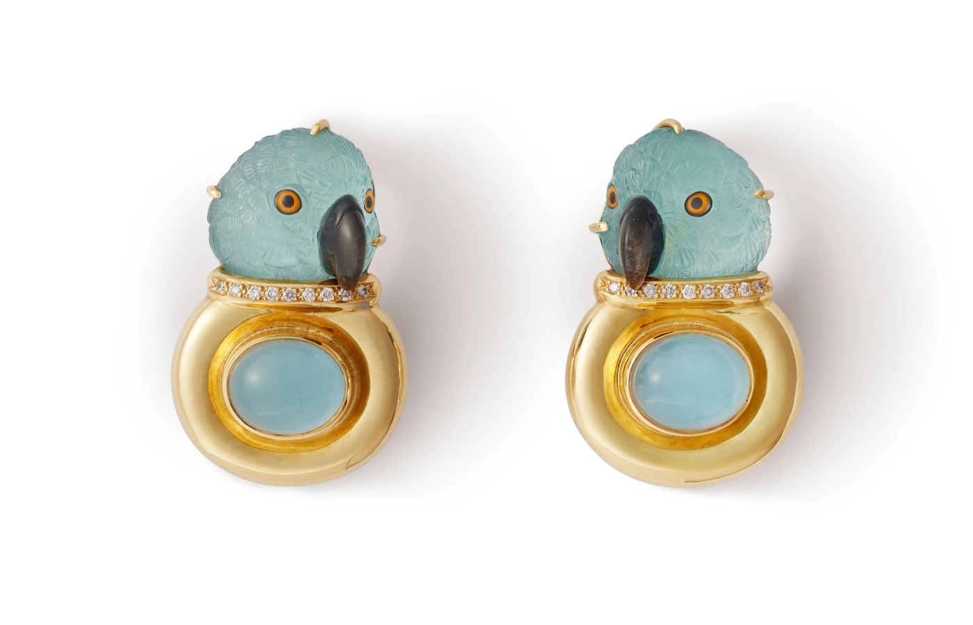  Elizabeth Gage parrot earrings with carved parrot heads in aquamarine, further aquamarine cabochons and diamonds all in 18k yellow gold 