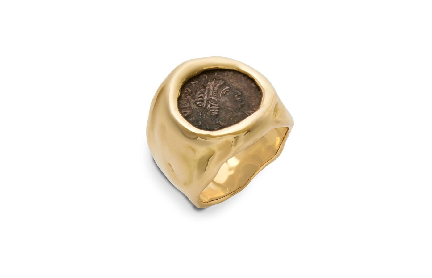  Elizabeth Gage Bronze Coin Molten ring with a bronze coin depicting Constans (337-350 AD), set in 18k yellow gold