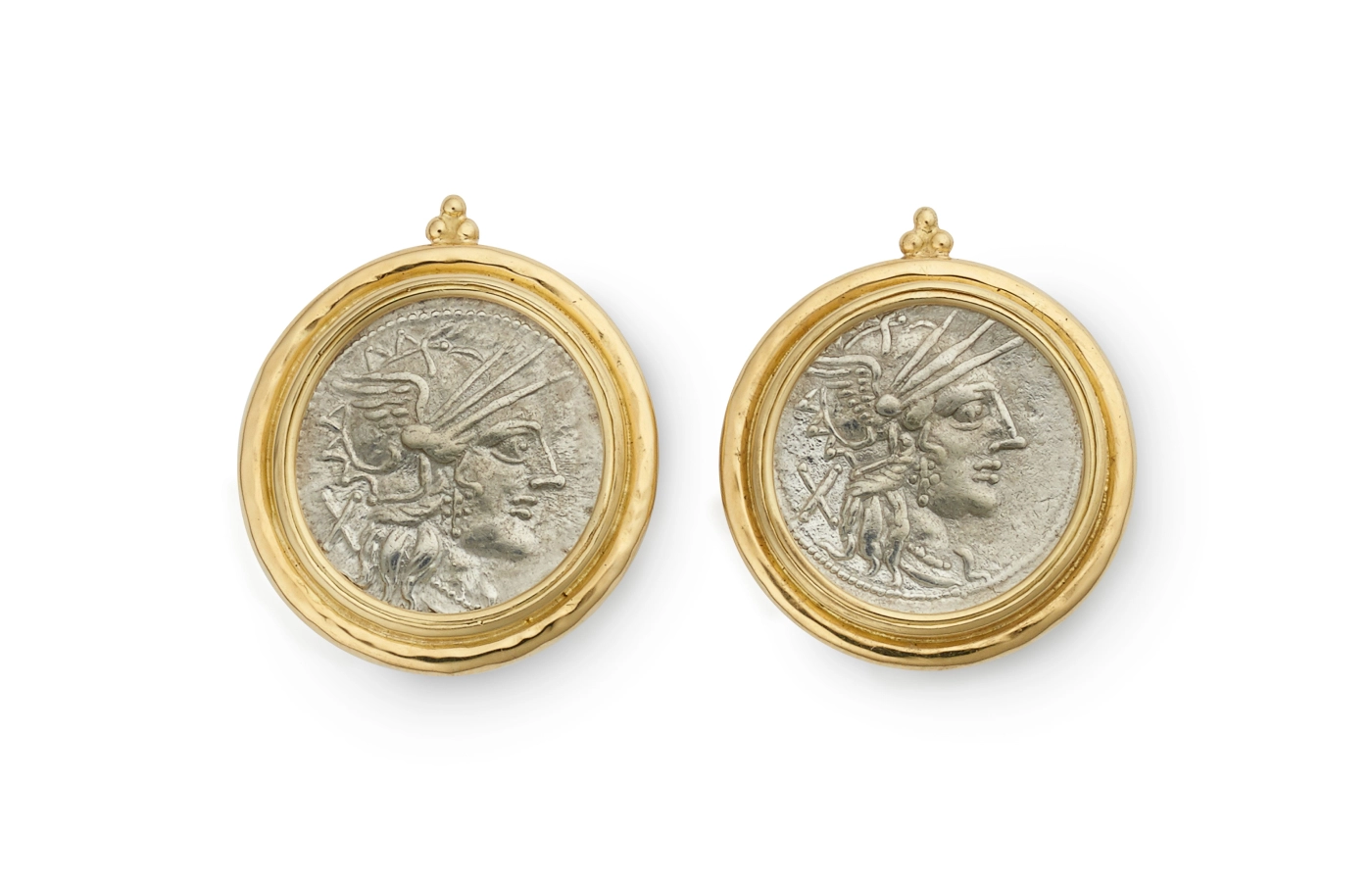  Elizabeth Gage Roman coin earrings with two silver denarius Cn Papirius Carbo (121 BC), set in 18k yellow gold 