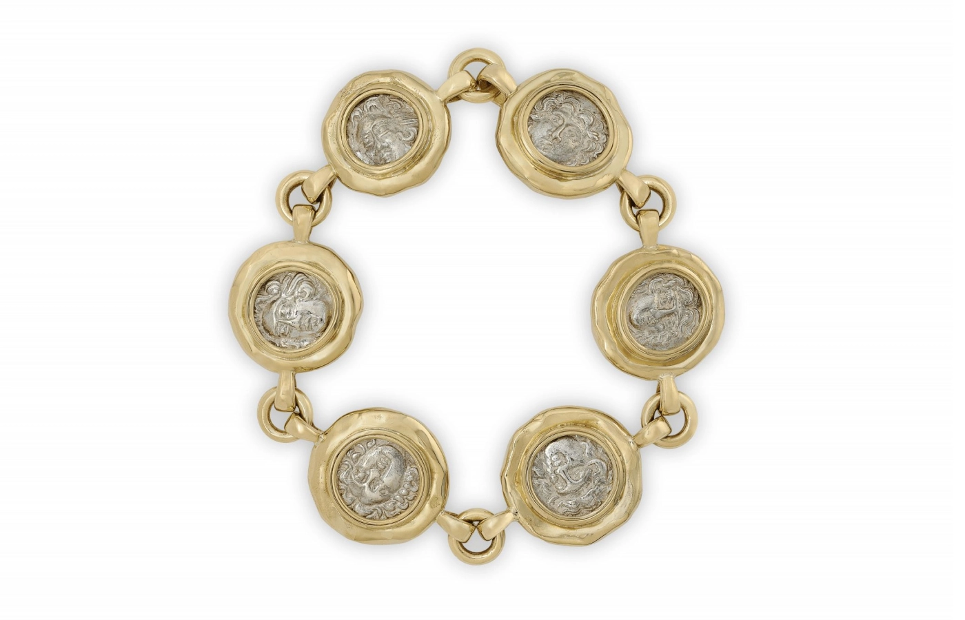  Elizabeth Gage Helios bracelet with six silver hemidrachm from Rhodos of Helios (circa 250 BC), set in 18k yellow gold 