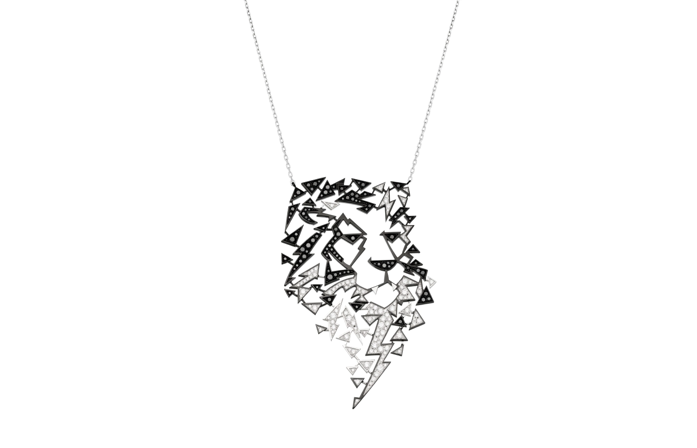  The Animal Tattoo Lion necklace by UltraLuxe 2024 participant Akillis, set with white and black diamonds 