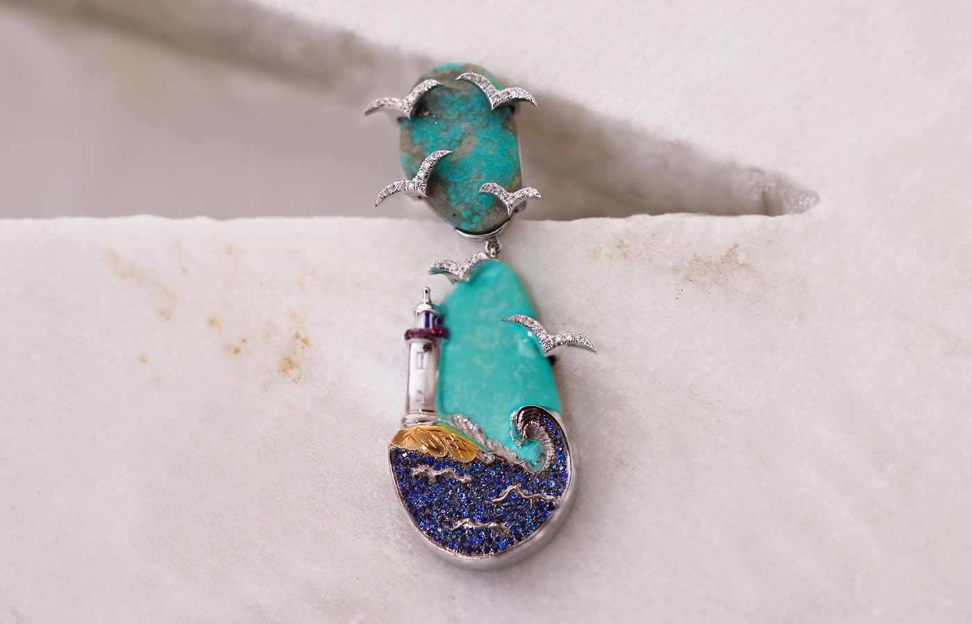  The turquoise, sapphire and diamond Arizona earrings by Maison Mirath, which will participate in the Glamora area of JeweLuxe, part of UltraLuxe, in Singapore this October 