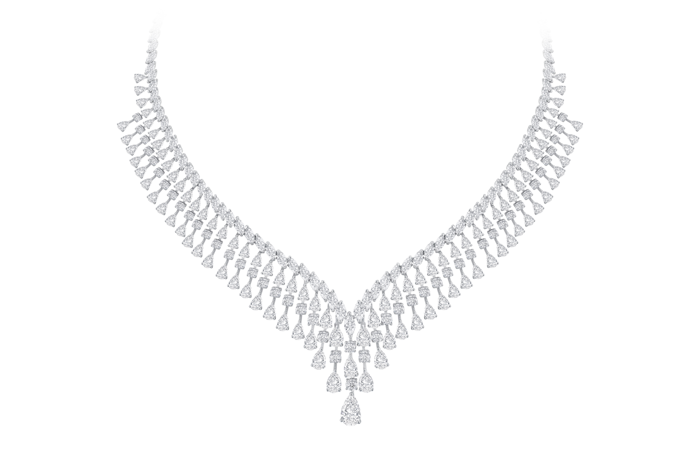  A necklace with pear-shaped diamond drops, marquise and round brilliant-cut diamonds and an emerald-cut diamond centre stone by UltraLuxe 2024 participant Renee Jewels 
