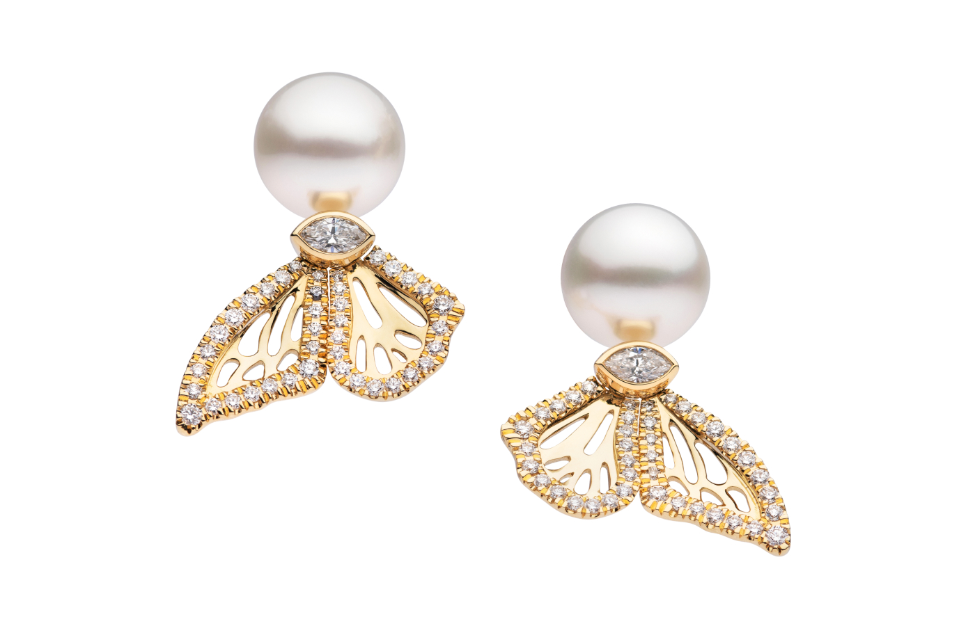  A pair of pearl, diamond and 18k yellow gold Half Wing Butterfly stud earrings by UltraLuxe 2024 participant, Autore 