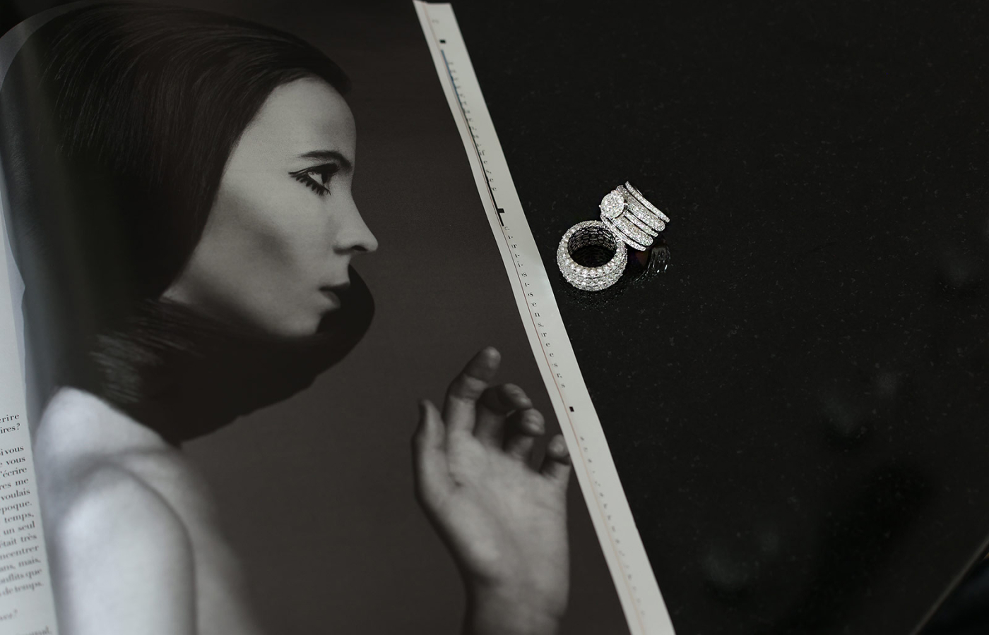 The Thick Diamond band with 3.81 carats of round diamonds and 7.55 carats of emerald-cut diamonds alongside the Heirloom ring from the Tales of Diamonds High Jewellery collection with more than four carats of round, marquise and princess-cut diamonds, both by Hassanzadeh Jewellery