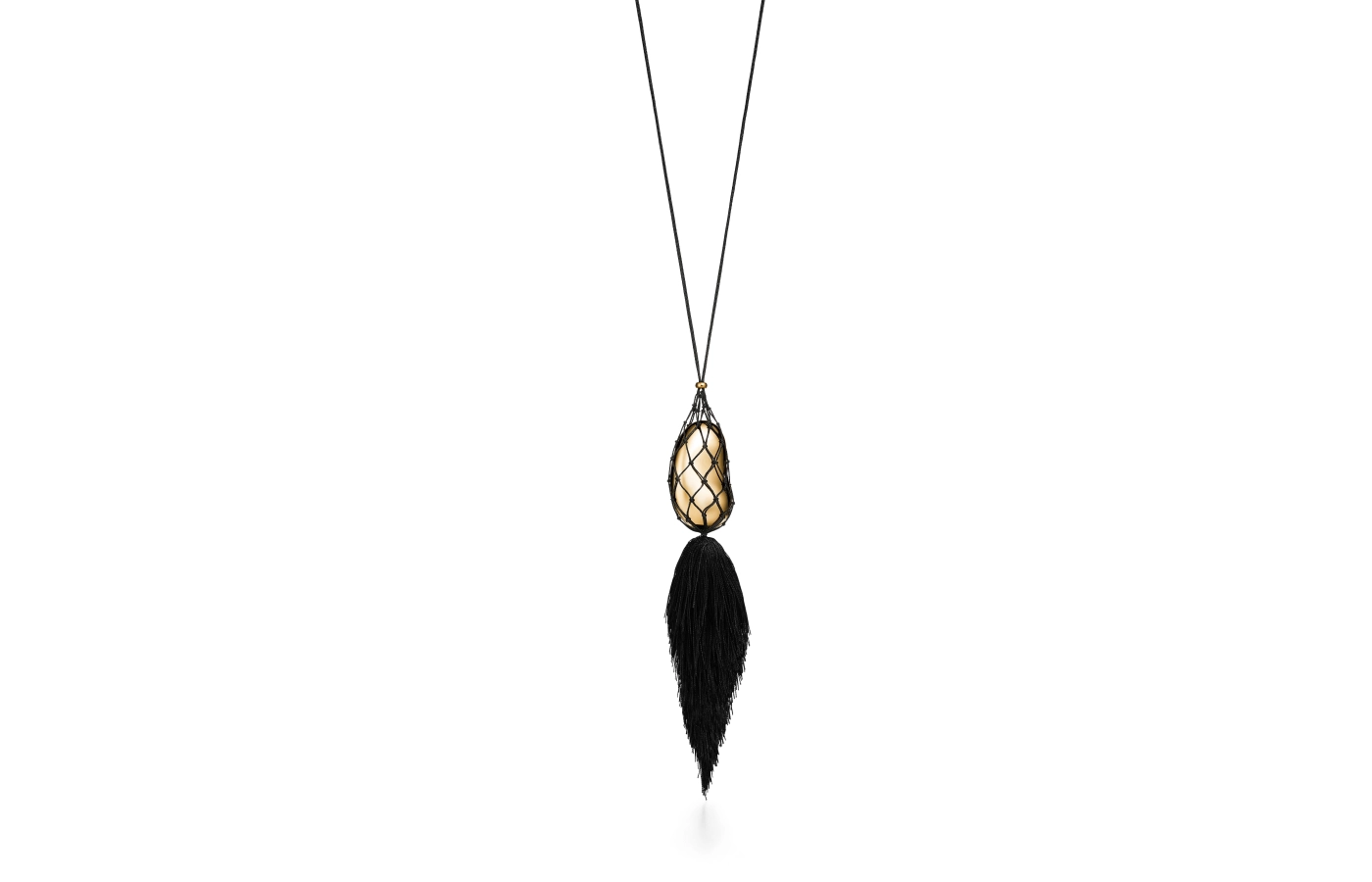  Tiffany & Co. Elsa Peretti Bean design pendant in 18k yellow gold with a handwoven silk net and tassel