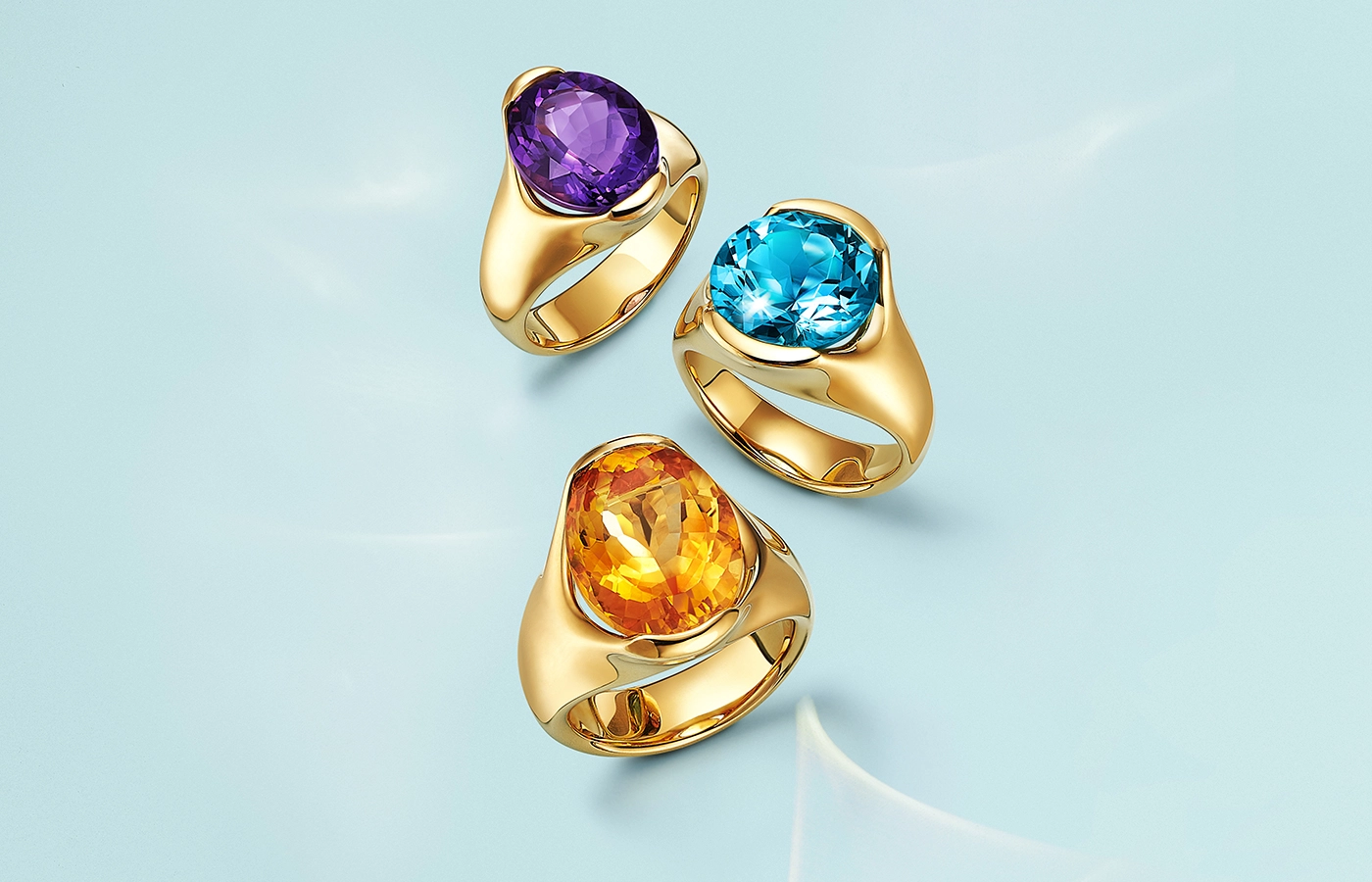  Tiffany & Co. Elsa Peretti Fancy Colour rings in 18k yellow gold with an amethyst, a blue topaz and a Citrine
