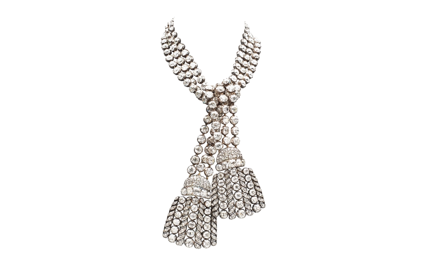 An important and historic 300-carat diamond necklace from the 18th century presented with the two tassels knotted together 