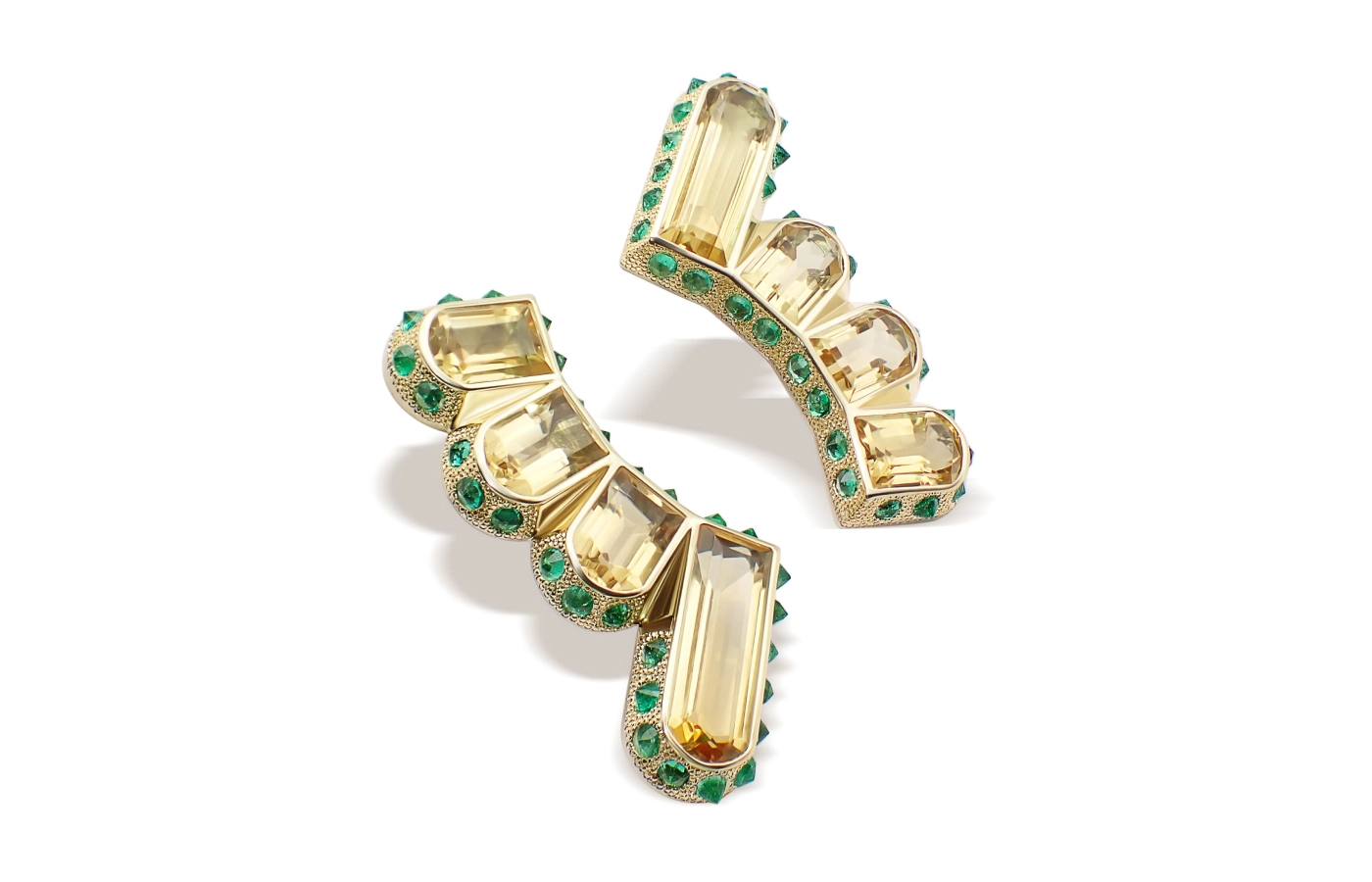  Hugo Cahill Hyperborea earrings from the Renaissance High Jewellery collection with citrines and 60 reverse-set emeralds in 18k palladium gold and 18k gold 