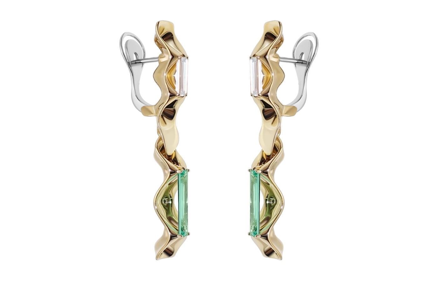  A side view of the Hugo Cahill Equinox Auriga earrings from the Renaissance High Jewellery collection highlighting the slices of baguette-cut diamonds and elongated baguette-cut emeralds in 18k palladium white gold and 18k gold 