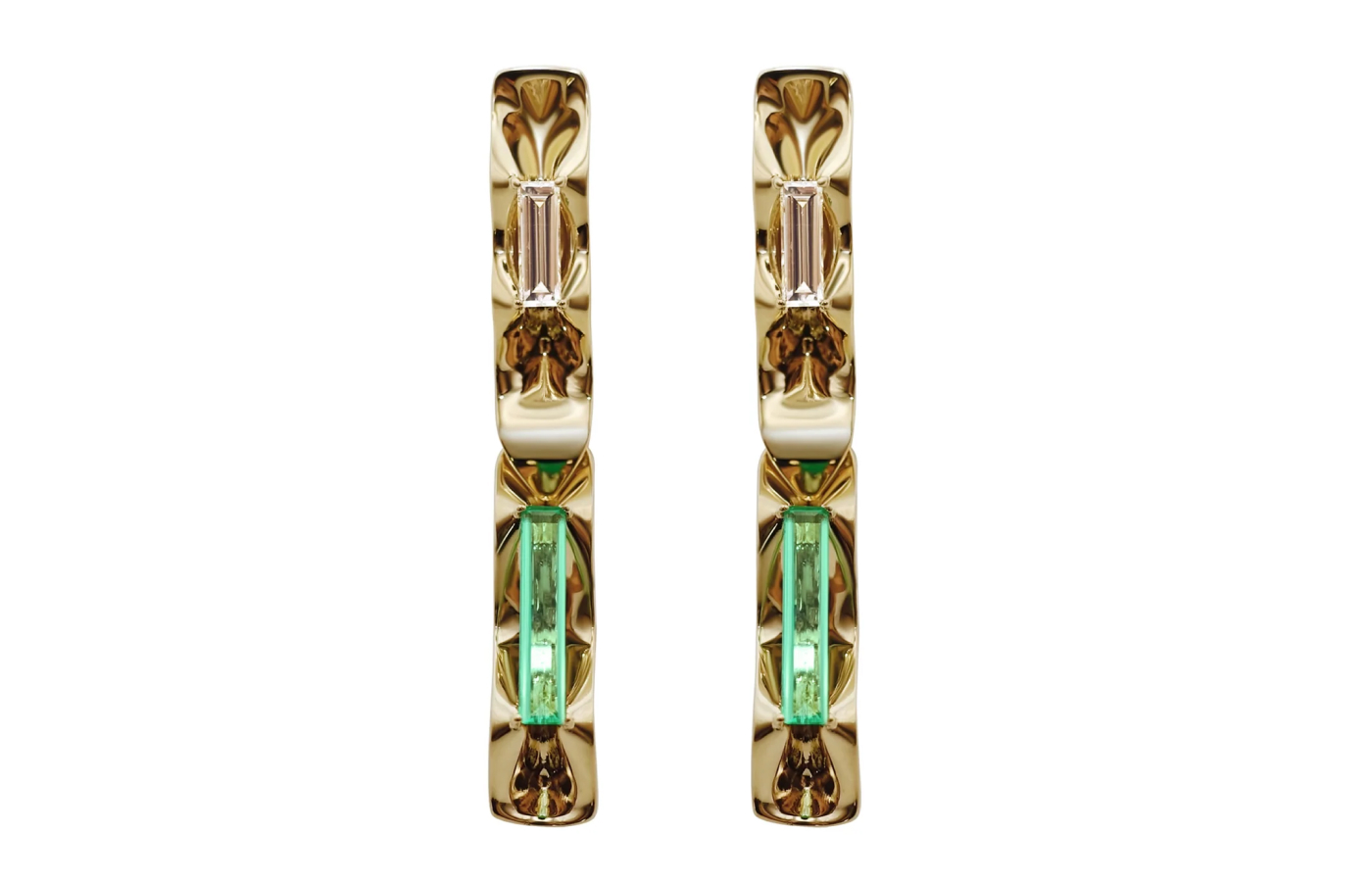  Hugo Cahill Equinox Auriga earrings from the Renaissance High Jewellery collection with baguette-cut diamonds and elongated baguette-cut emeralds in 18k palladium white gold and 18k gold 