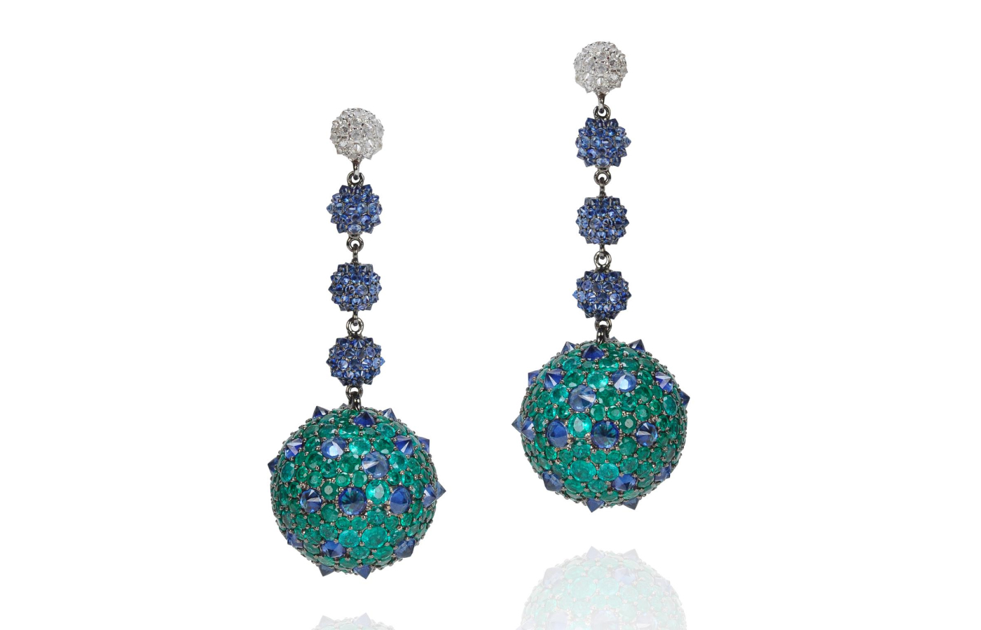  Nam Cho drop earrings with diamonds, sapphires and emeralds in 18k white gold