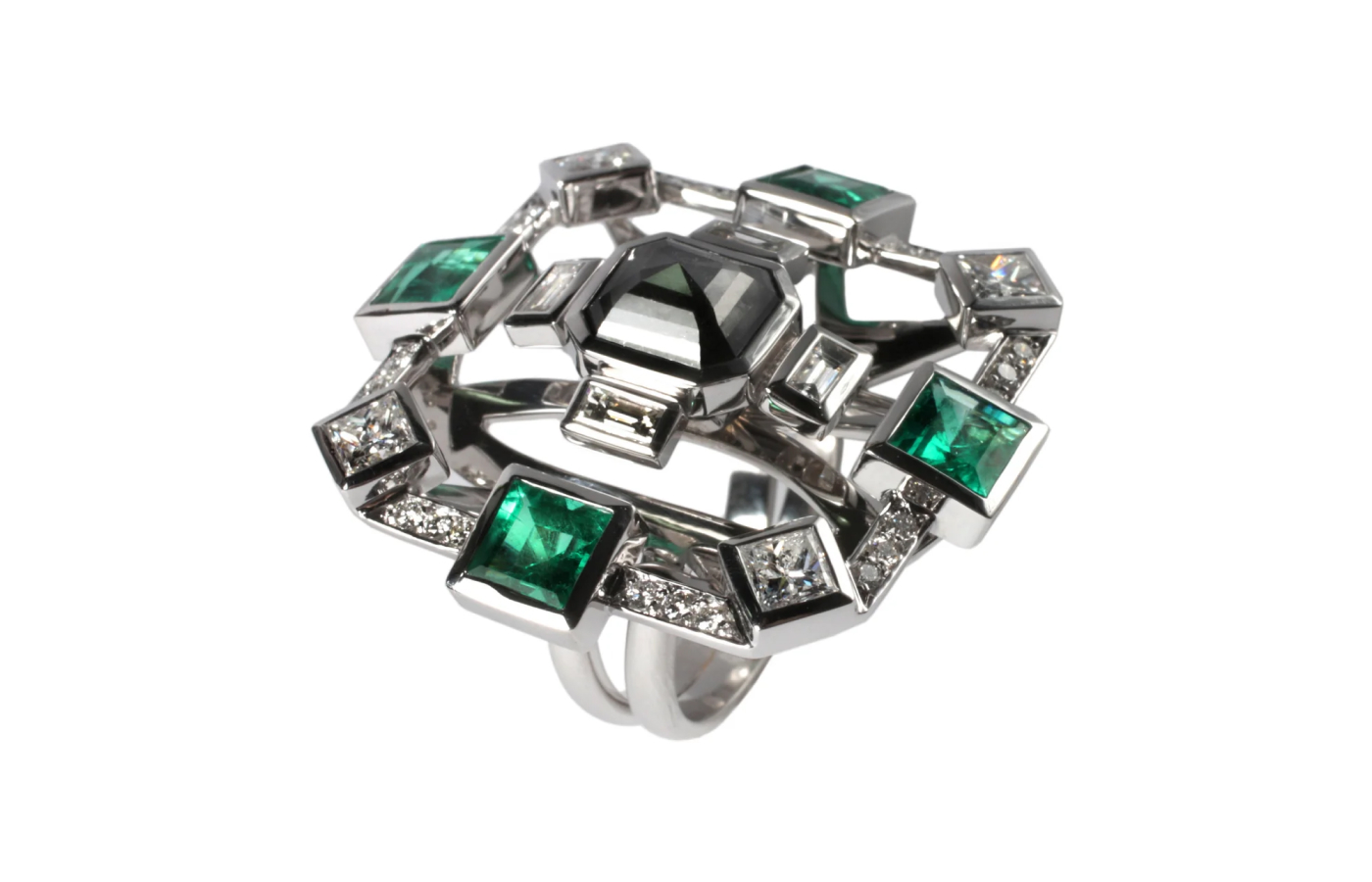  Ara Vartanian ring with black diamonds, emeralds and white diamonds in 18k white gold