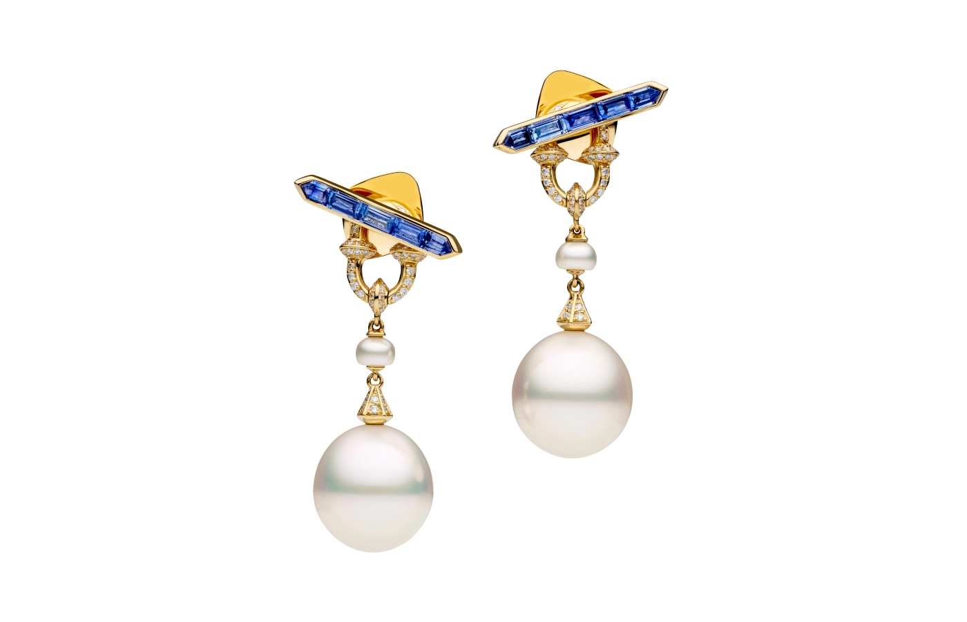  Paspaley Diamond Sea Buoy pearl earring enhancers with semi-round Australian South Sea pearls and white diamonds from the Dive collection, shown here with blue sapphire Bollard stud earrings, both in 18k yellow gold  