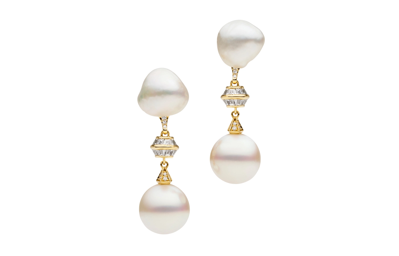  Paspaley Diamond Sea Buoy pearl earring enhancers from the Dive collection with semi-round Australian South Sea pearls and white diamonds in 18k yellow gold, pictured here with Keshi pearl studs, sold separately 