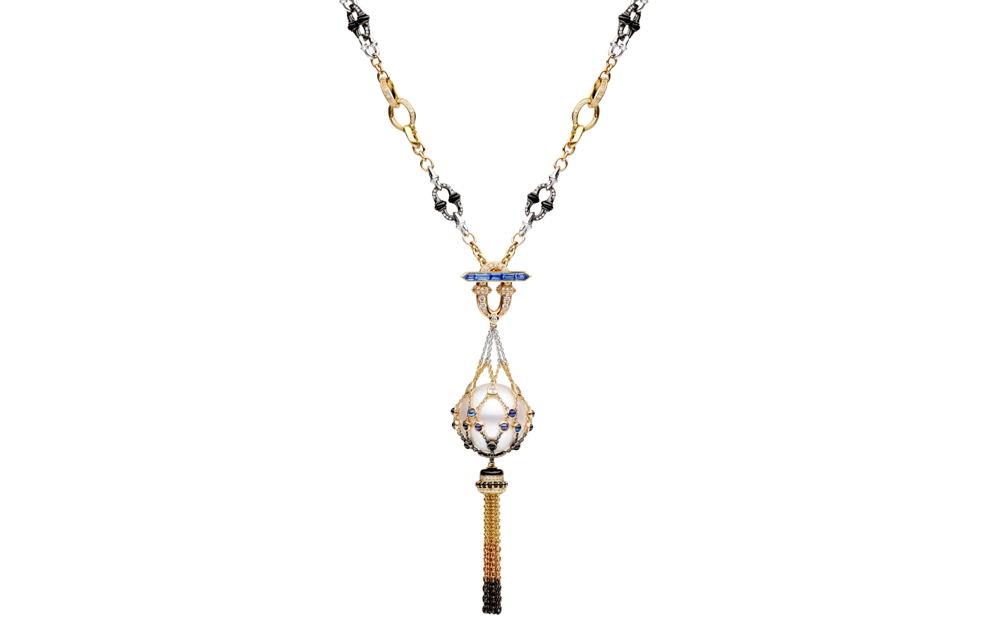  The new Paspaley Tassel Anchored Lavalier pearl necklace decorated with white diamonds, black spinel, blue sapphires and rainbow moonstone in 18k yellow, rose and white gold 