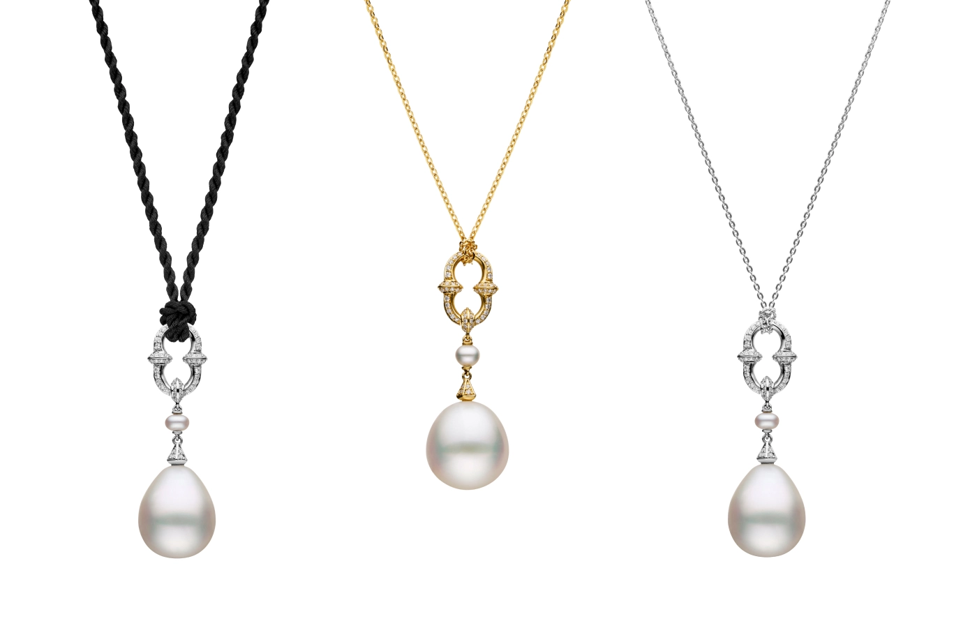  Paspaley Diamond Anchor Link pearl pendant with a 15-16mm oval pearl, a 4mm Keshi baroque Australian South Sea pearl and white diamonds, set in either 18k white or yellow gold, and attached to a wetsuit black silk rope or precious metal chain