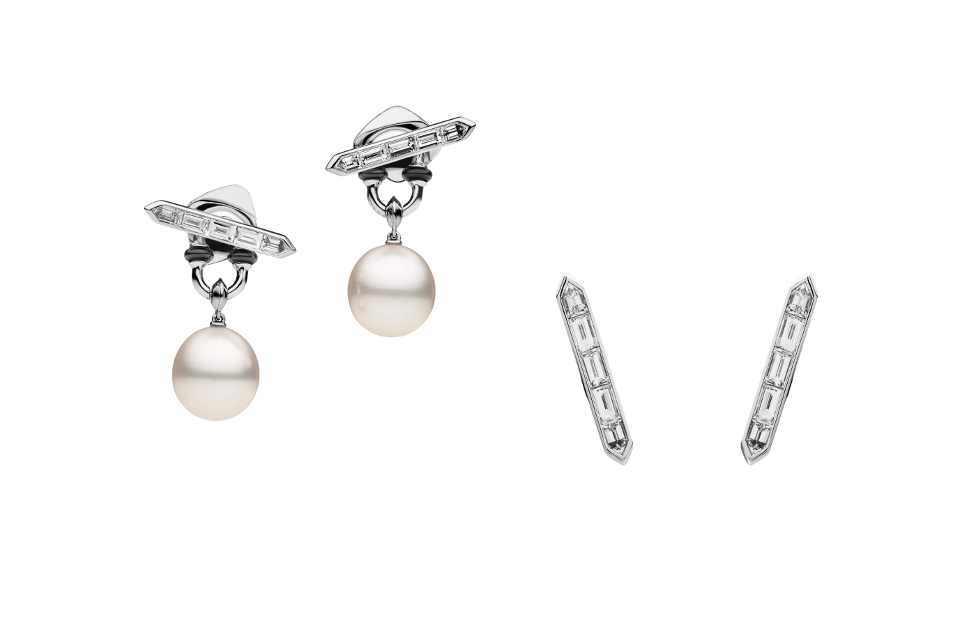  Paspaley Black Spinel Anchor Link pearl earring enhancers (left) with 11mm oval-drop Australian South Sea pearls, pictured with the diamond-set Bollard stud earrings (also shown right without the enhancers), both in 18k white gold 